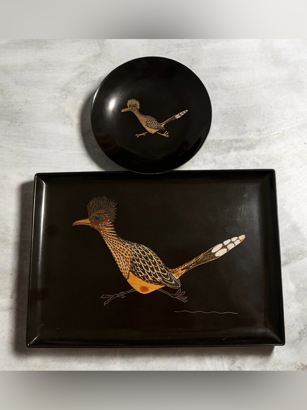 vintage mid-century Couroc inlaid roadrunner serving tray and matching bowl set.